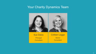 2
Your Charity Dynamics Team
Colleen Legge
Senior
Consultant
Sue Dalos
Principal
Consultant
 