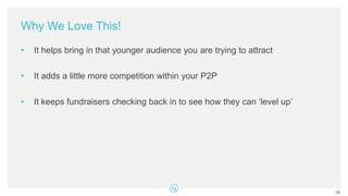 Why We Love This!
• It helps bring in that younger audience you are trying to attract
• It adds a little more competition within your P2P
• It keeps fundraisers checking back in to see how they can ‘level up’
28
 