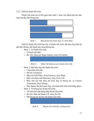 11
2.2.2. Thiết kế thanh tiến trình
Thanh tiến trình mô tả thời gian thực hiện 1 công việc bằng một dải màu
chạy lấp đầy dần khung bao.
Hình 7. Một thanh tiến trình chạy ở 3 thời điểm.
Thiết kế thanh tiến trình bạn cần vẽ thanh tiến trình, đặt hiệu ứng hiển thị
dần dần (Wipe), đặt thanh này trong khung bao.
- Bước 1: Vẽ thanh tiến trình.
o Vẽ hình chữ nhật.
o Bỏ viền: Bấm nút Shape Outline, chọn No Outline.
Hình 8. Hình chữ nhật tạo nên thanh tiến trình.
- Bước 2: Đặt hiệu ứng cho thanh tiến trình
o Chọn hình chữ nhật.
o Mở thẻ Animation.
o Bấm nút Add Effect, chọn Entrance, chọn Wipe.
o Bấm vào thuộc tính Direction, chọn From Left.
o Bấm mũi tên bên phải tên hiệu ứng (ở khung tác vụ Custom
Animation), chọn Timing…
o Mục Speed: đặt thời gian chạy của thanh tiến trình (tính bằng giây).
- Bước 3: Vẽ khung bao thanh tiến trình.
o Vẽ hình chữ nhật đúng bằng thanh tiến trình.
o Bỏ nền: Bấm nút Shape Fill, chọn No Fill.
o Đặt khung bao đè lên trên thanh tiến trình.
Hình 9. Thanh tiến trình khi có khung bao.
 