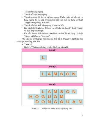 16
- Tạo các từ hàng ngang.
- Tạo các số hiệu hàng ngang.
- Tạo các ô trắng đè lên các từ hàng ngang để che chắn, khi cần mở từ
hàng ngang thì cho các ô trắng phía trên biến mất: sử dụng kỹ thuật
Trigger và hiệu ứng “biến mất”.
- Tạo các câu hỏi, mỗi hàng ngang là một câu hỏi.
- Khi cần hiển thị câu hỏi thì bấm vào số hiệu: sử dụng kỹ thuật Trigger
và hiệu ứng “xuất hiện”.
- Khi cần ẩn câu hỏi thì bấm vào chính câu hỏi đó: sử dụng kỹ thuật
Trigger và hiệu ứng “biến mất”.
Như vậy hai kỹ thuật cơ bản dùng để thiết kế là Trigger và đặt hiệu ứng
xuất hiện, hiệu ứng biến mất.
Thiết kế:
- Bước 1: Vẽ các ô chữ nhỏ, gép lại thành các hàng chữ.
Hình 15. Ghép các ô nhỏ thành các hàng chữ.
 