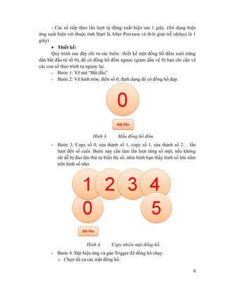 9
- Các số tiếp theo lần lượt tự động xuất hiện sau 1 giây. (Sử dụng hiệu
ứng xuất hiện với thuộc tính Start là After Previuos và thời gian trễ (delay) là 1
giây).
Thiết kế:
Quy trình sau đây chỉ ra các bước thiết kế một đồng hồ đếm xuôi (tăng
dần bắt đầu từ số 0), để có đồng hồ đếm ngược (giảm dần về 0) bạn chỉ cần vẽ
các con số theo trình tự ngược lại.
- Bước 1: Vẽ nút “Bắt đầu”.
- Bước 2: Vẽ hình tròn, điền số 0, định dạng để có đồng hồ đẹp.
Hình 3. Mẫu đồng hồ đếm.
- Bước 3: Copy số 0, sửa thành số 1, copy số 1, sửa thành số 2… lần
lượt đến số cuối. Bước này cần làm lần lượt từng số một, nếu không
rất dễ bị đảo lộn thứ tự hiển thị số, nhìn hình bạn thấy hình số lớn nằm
trên hình số nhỏ.
Hình 4. Copy nhiều mặt đồng hồ.
- Bước 4: Đặt hiệu ứng và gán Trigger để đồng hồ chạy:
o Chọn tất cả các mặt đồng hồ.
 