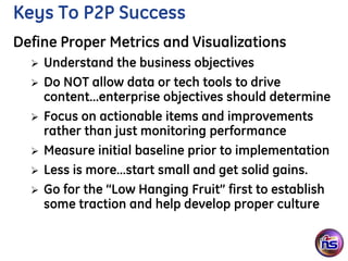Keys To P2P Success
Define Proper Metrics and Visualizations
     Understand the business objectives
     Do NOT allow data or tech tools to drive
      content…enterprise objectives should determine
     Focus on actionable items and improvements
      rather than just monitoring performance
     Measure initial baseline prior to implementation
     Less is more…start small and get solid gains.
     Go for the “Low Hanging Fruit” first to establish
      some traction and help develop proper culture
 