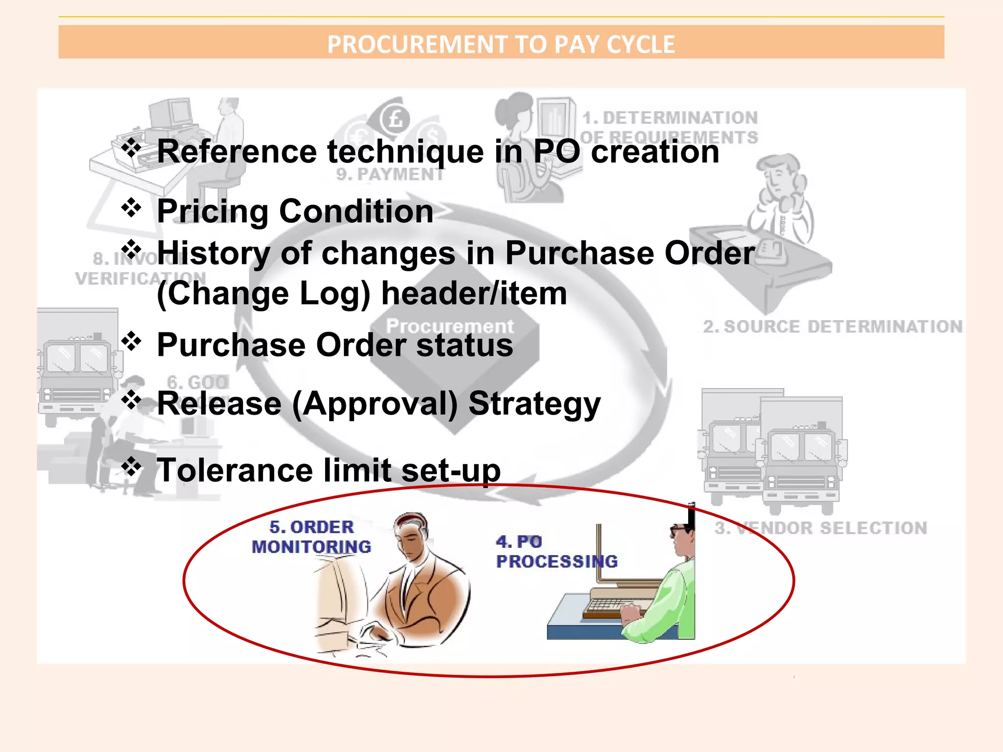 PROCUREMENT TO PAY CYCLE 
 Reference technique in PO creation 
 Pricing Condition 
 History of changes in Purchase Order 
(Change Log) header/item 
 Purchase Order status 
 Release (Approval) Strategy 
 Tolerance limit set-up 
 
