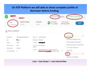 On P2P Platform we will able to check complete profile of
Borrower before funding.
Loan – Case Study 1 – Low Interest Rate
 