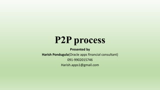 P2P process
Presented by
Harish Pondugula(Oracle apps financial consultant)
091-9902015746
Harish.apps1@gmail.com
 