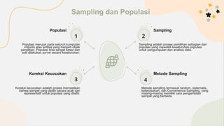 Populasi
Populasi merujuk pada seluruh kumpulan
individu atau entitas yang menjadi objek
penelitian. Populasi bisa sangat besar dan
sulit dilakukan survei secara keseluruhan.
1
Koreksi kecocokan adalah proses memastikan
bahwa sampel yang dipilih secara acak dan
representatif untuk populasi yang diteliti.
3
Koreksi Kecocokan
Sampling
Sampling adalah proses pemilihan sebagian dari
populasi yang mewakili keseluruhan populasi
untuk pengumpulan dan analisis data.
4
Metode Sampling
Metode sampling termasuk random, sistematis,
keterpisahan, dan Convenience Sampling, yang
masing-masing memiliki cara pengambilan
sampel yang berbeda.
Sampling dan Populasi
2
 