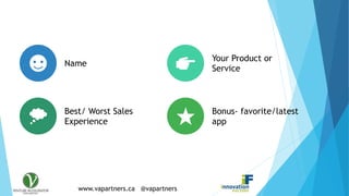 www.vapartners.ca @vapartners
Introductions
Name
Your Product or
Service
Best/ Worst Sales
Experience
Bonus- favorite/latest
app
 