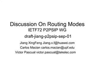 Discussion On Routing Modes IETF72 P2PSIP WG   draft-jiang-p2psip-sep-01 ,[object Object],[object Object],[object Object]
