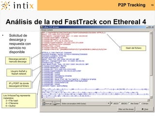 Análisis de la red FastTrack con Ethereal 4 Solicitud de descarga y respuesta con servicio no disponible Hash del fichero Descarga parcial o reanuda descarga Usuario KaZaA y KaZaA network Los X-KazaaTag representa metadatos: 3 = File hash   4 = Filename   6 = Author IP y PORT de donde descargaré el fichero 