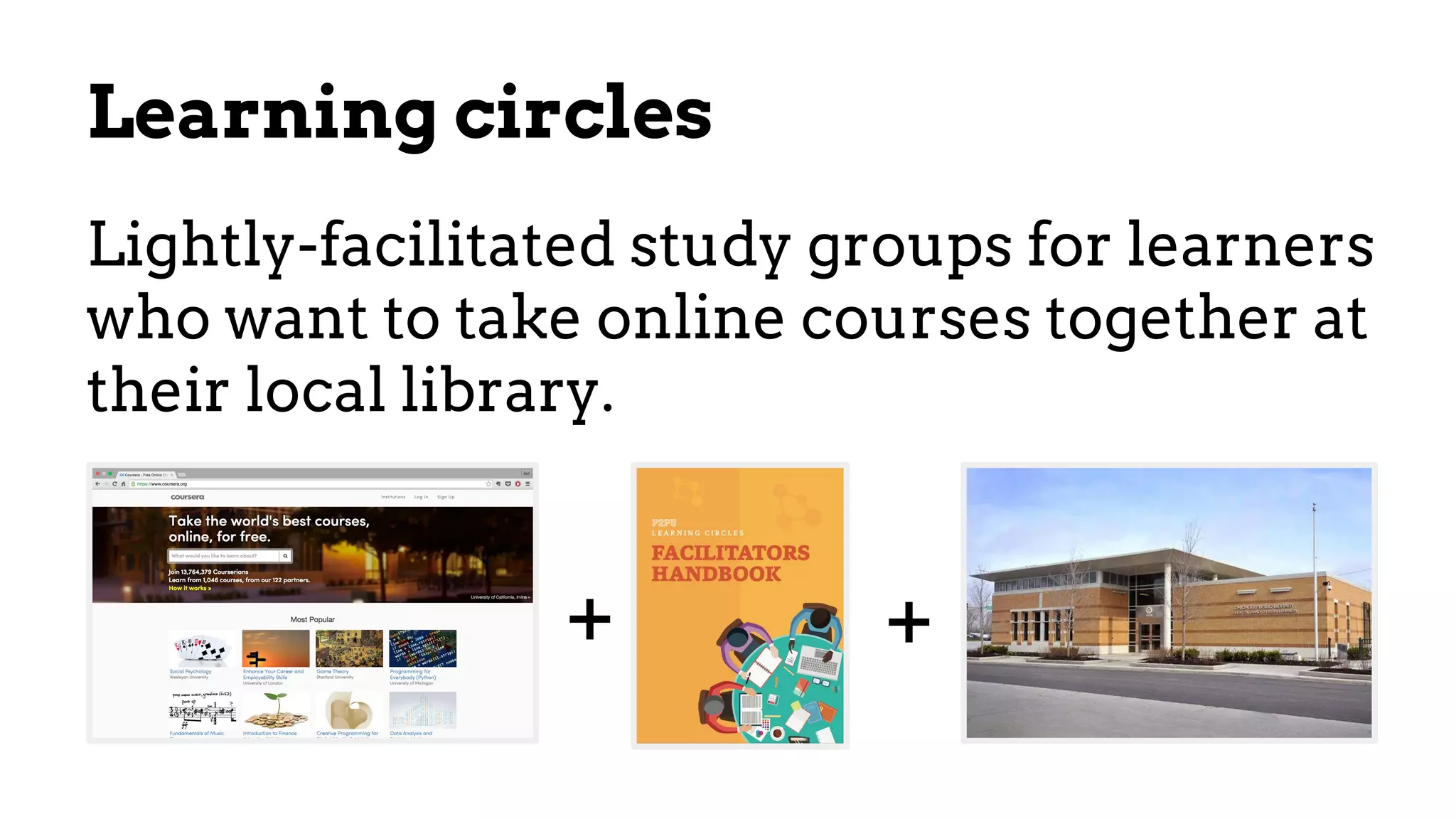 +
Learning circles
Lightly-facilitated study groups for learners
who want to take online courses together at
their local library.
+
 