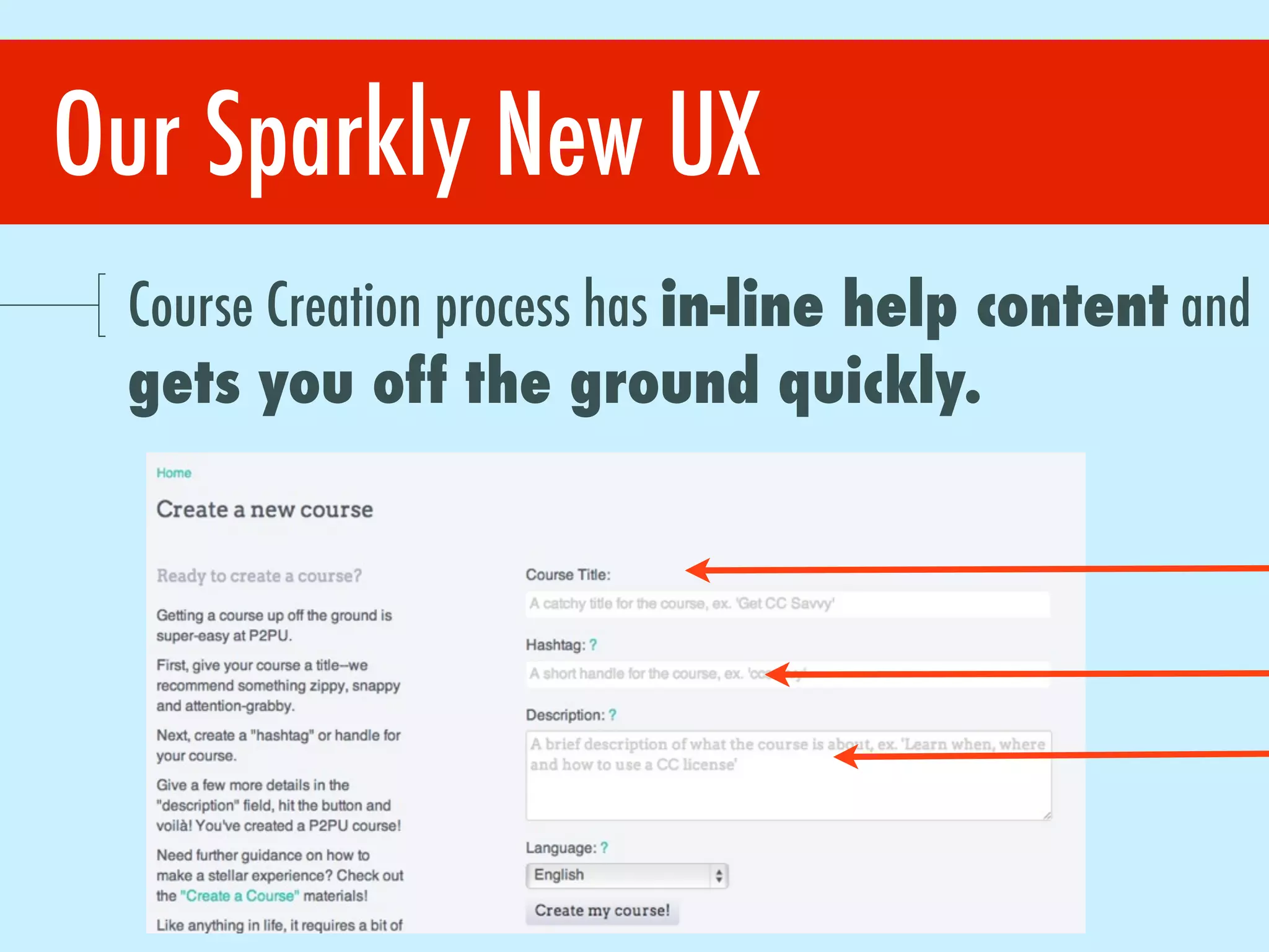 Our Sparkly New UX
Course Creation process has in-line help content and
gets you off the ground quickly.