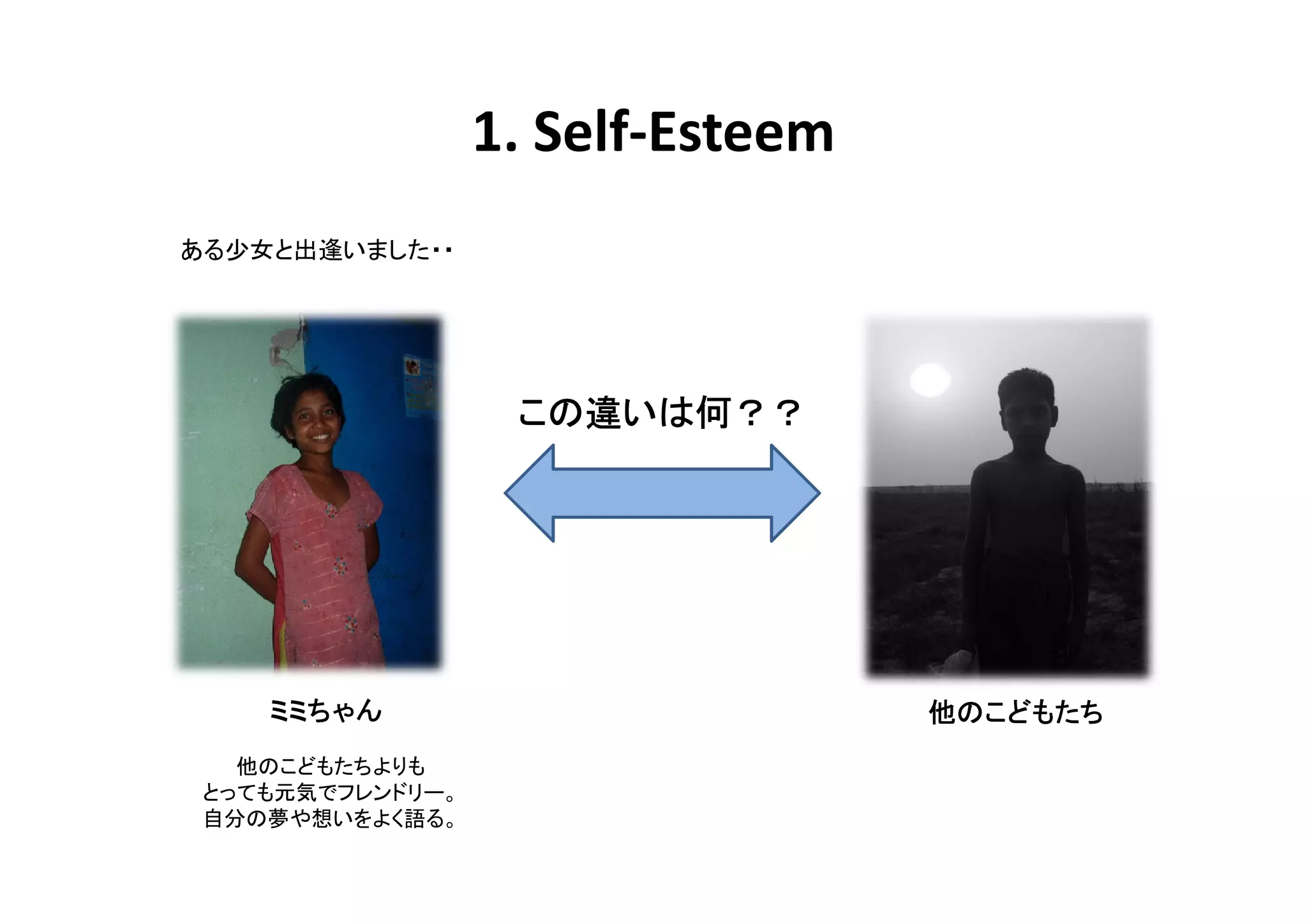 1. Self-Esteem
ある少女と出逢いました・・




                   この違いは何
                   この違いは何？？




    ミミちゃん                          他のこどもたち
   他のこどもたちよりも
 とっても元気でフレンドリー。
 自分の夢や想いをよく語る。
 