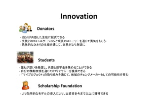 Innovation
       Donators
- Է֤ФͽͶYǤ
- ͽȤΥߥ˥`ȳLΥȩ``ͨݤ餦
- ĤʤҤȤͽͨơ礬




       Students
- l⤬뤤kŤФȊXѧ򼯤뤳ȤǤ
- Է֤kŤͨICTƥ饷`@äǤ
- ޥץȡȡMߤͨơΥ󥸥``ȤƤοԤ


       Scholarship Foundation
- ꄿʵĤʥǥΌˤꡢYߤޤϤ˫@äǤ
 