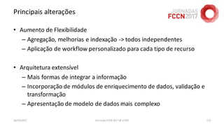 Principais alterações
• Aumento de Flexibilidade
– Agregação, melhorias e indexação -> todos independentes
– Aplicação de workflow personalizado para cada tipo de recurso
• Arquitetura extensível
– Mais formas de integrar a informação
– Incorporação de módulos de enriquecimento de dados, validação e
transformação
– Apresentação de modelo de dados mais complexo
26/04/2017 Jornadas FCCN 2017 @ UTAD 123
 