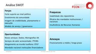 Análise SWOT
26/04/2017 Jornadas FCCN 2017 @ UTAD 130
Forças
Forte suporte ao nível político
Envolvimnto da comunidade
Imagem de credibilidade, planeamento e
execução
Modelo de serviço / governance
Fraquezas
Usabilidade dos repositórios
Eficácia dos mandados institucionais /
nacionais
Insuficiência de Recursos Humanos
Oportunidades
Novos serviços: Dados; Monografias AA
Serviços de valor acrescentado: PTCRIS
Alargamento ao mundo lusófono: CPLP
Mandado nacional instituições financiadoras
Ameaças
Financiamento a médio / longo prazo
 