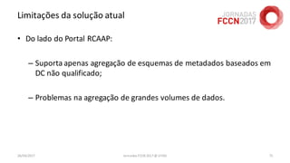 Limitações da solução atual
• Do lado do Portal RCAAP:
– Suporta apenas agregação de esquemas de metadados baseados em
DC não qualificado;
– Problemas na agregação de grandes volumes de dados.
26/04/2017 Jornadas FCCN 2017 @ UTAD 75
 