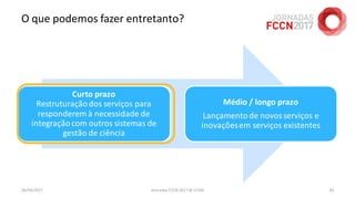 O que podemos fazer entretanto?
Curto prazo
Restruturaçãodos serviços para
responderem à necessidade de
integraçãocom outros sistemas de
gestão de ciência
Médio / longo prazo
Lançamentode novos serviços e
inovaçõesem serviços existentes
26/04/2017 Jornadas FCCN 2017 @ UTAD 82
 