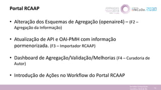 Portal RCAAP
• Alteração dos Esquemas de Agregação (openaire4) – (F2 –
Agregação da Informação)
• Atualização de API e OAI...