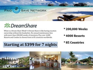 What is a Dream Share Week? A Dream Share is like having vacation
ownership without the headaches. No annual maintenance fees
with more than 200,000 weeks of inventory. Plus over 4,000
Resorts and Condos to choose from in 85 countries worldwide.

Starting at $399 for 7 nights

* 200,000 Weeks
* 4000 Resorts
* 85 Countries

 