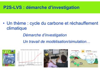P2S-LVS : démarche d’investigation Un thème : cycle du carbone et réchauffement climatique Démarche d’investigation Un travail de modélisation/simulation … 