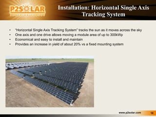 Installation: Horizontal Single Axis Tracking System “ Horizontal Single Axis Tracking System” tracks the sun as it moves across the sky One axis and one drive allows moving a module area of up to 300kWp Economical and easy to install and maintain Provides an increase in yield of about 20% vs a fixed mounting system 