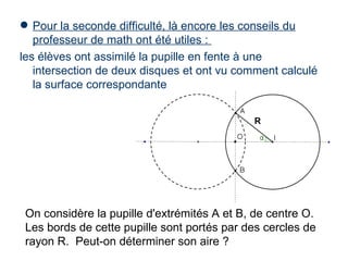  Pour la seconde difficulté, là encore les conseils du
   professeur de math ont été utiles :
les élèves ont assimilé la pupille en fente à une
   intersection de deux disques et ont vu comment calculé
   la surface correspondante




 On considère la pupille d'extrémités A et B, de centre O.
 Les bords de cette pupille sont portés par des cercles de
 rayon R. Peut-on déterminer son aire ?
 