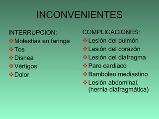 INCONVENIENTES INTERRUPCION: Molestias en faringe Tos Disnea Vértigos Dolor COMPLICACIONES: Lesión del pulmón Lesión del corazón Lesión del diafragma Paro cardiaco Bamboleo mediastino Lesión abdominal. (hernia diafragmática) 