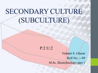 SECONDARY CULTURE
(SUBCULTURE)
P:2 U:2
Vedanti S. Gharat
Roll No. :- 09
M.Sc. Biotechnology part 1
 