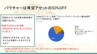 バウチャーは希望アセットの50%OFF
今回のイベントは大勢の参加者が
当選するように、
希望するアセットの半額
（50%OFF分）をプレゼントすること
にしました！
5月のマッドネスセールで、もし
かしたら半額セールをやってる
かも？
※半額（50%OFF分）のバウチャーコードは、クレジットカード、 Paypal等と併用して使えません。
詳しくは19ページをチェックしてください。
 