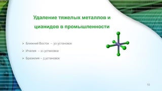 10
Удаление тяжелых металлов и
цианидов в промышленности
 Ближний Восток – 30 установок
 Италия – 21 установка
 Бразилия – 5 установок
 