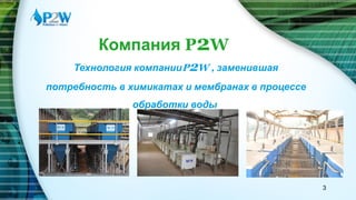 Компания P2W
Технология компанииP2W , заменившая
потребность в химикатах и мембранах в процессе
обработки воды
3
 