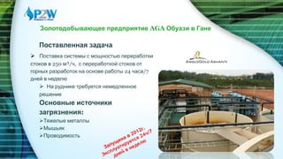 Поставленная задача
 Поставка системы с мощностью переработки
стоков в 250 м³/ч, с переработкой стоков от
горных разработок на основе работы 24 часа/7
дней в неделю
 На руднике требуется немедленное
решение
Основные источники
загрязнения:
Тяжелые металлы
Мышьяк
Проводимость
Золотодобывающее предприятие AGA Обуази в Гане
7
 