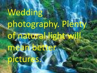 Wedding
photography. Plenty
of natural light will
mean better
pictures.
 