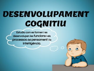 DESENVOLUPAMENT
COGNITIU
Estudia com es formen i es
desenvolupen les funcions i els
processos del pensament i la
intel·ligència.
 