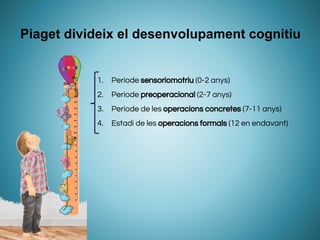 1. Període sensoriomotriu (0-2 anys)
2. Període preoperacional (2-7 anys)
3. Període de les operacions concretes (7-11 anys)
4. Estadi de les operacions formals (12 en endavant)
Piaget divideix el desenvolupament cognitiu
 