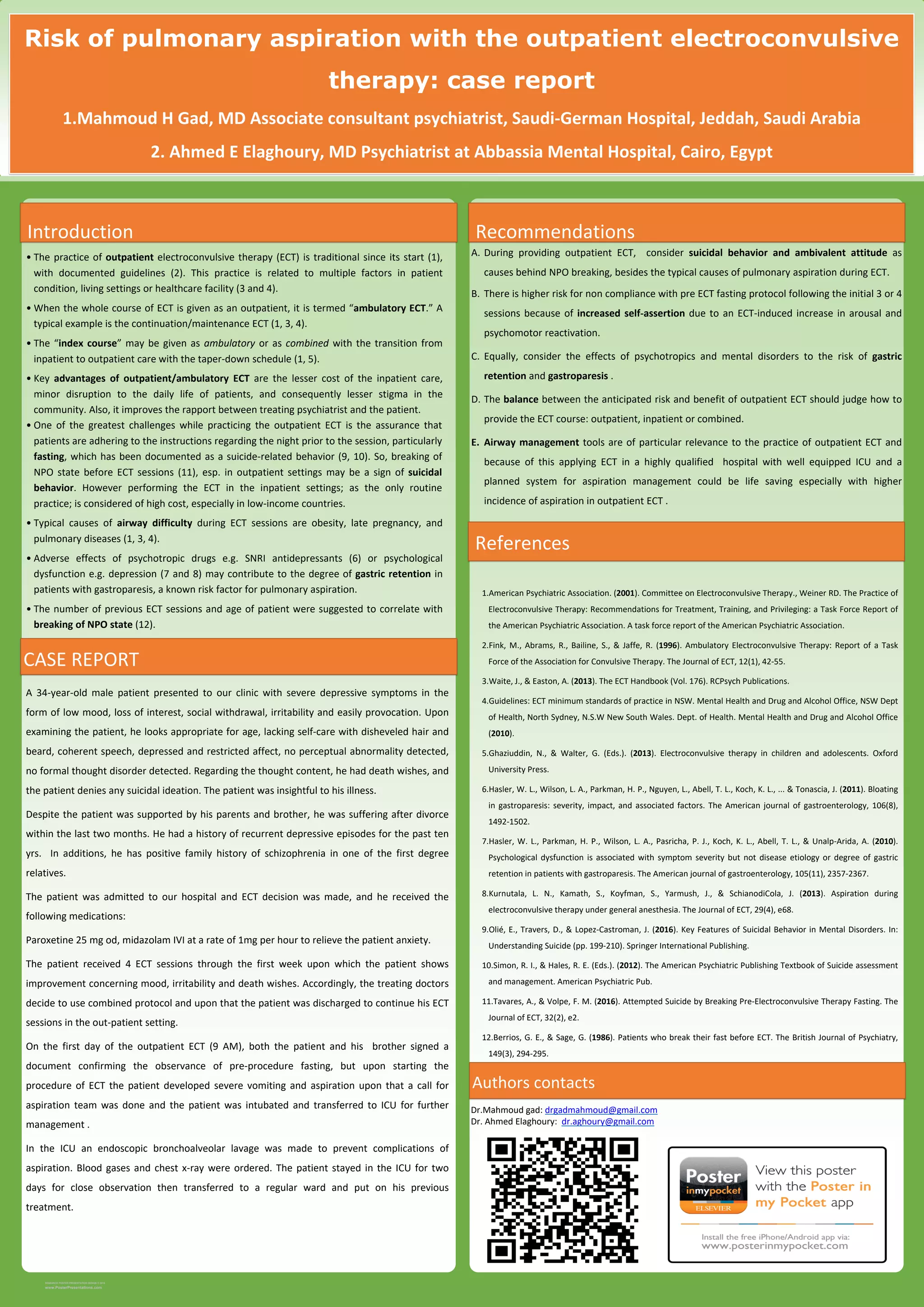 Risk of pulmonary aspiration with the outpatient electroconvulsive