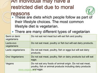 An individual may have a
restricted diet due to moral
reasons
 These are diets which people follow as part of
their lifestyle choices. The most common
lifestyle diet is vegetarian.
 There are many different types of vegetarian
diet:Semi or demi
vegetarians
Do not eat red meat but will eat fish and poultry.
Lacto-ovo
vegetarians
Do not eat meat, poultry or fish but will eat dairy products.
Lacto vegetarians Do not eat meat, poultry, fish or eggs but will eat dairy
products.
Ovo Vegetarians Do not eat meat, poultry, fish or dairy products but will eat
eggs.
Vegans Do not eat any foods of animal origin. Do not eat meat,
poultry, fish or animal products including dairy products
and eggs.www.vegsoc.org
 