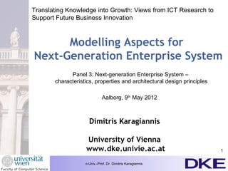 Translating Knowledge into Growth: Views from ICT Research to
                 Support Future Business Innovation



                        Modelling Aspects for
                  Next-Generation Enterprise System
                                    Panel 3: Next-generation Enterprise System –
                              characteristics, properties and architectural design principles

                                                    Aalborg, 9th May 2012



                                            Dimitris Karagiannis

                                          University of Vienna
                                          www.dke.univie.ac.at                                  1

                                          o.Univ.-Prof. Dr. Dimitris Karagiannis
Faculty of Computer Science
 