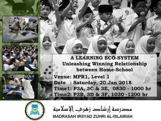 A LEARNING ECO-SYSTEM
Unleashing Winning Relationship
between Home-School
Venue: MPR1, Level 1
Date : Saturday, 20 Jan 2018
Time1: P3A, 3C & 3E, 0830 - 1000 hr
Time2: P3B, 3D & 3F, 1030 -1200 hr
 