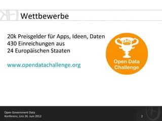 Wettbewerbe

  20k Preisgelder für Apps, Ideen, Daten
  430 Einreichungen aus
  24 Europäischen Staaten

  www.opendatacha...