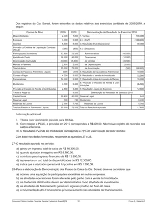 Dos registros da Cia. Boreal, foram extraídos os dados relativos aos exercícios contábeis de 2009/2010, a
seguir:
Contas de Ativo

2009

2010

Demonstração de Resultado de Exercício 2010

Disponibilidades

2.000

1.000

1. Vendas

190.000

Estoques

3.000

5.900

2. (-) CMV

(100.000)

Clientes

6.300

8.000

3. Resultado Bruto Operacional

Provisão p/Créditos de Líquidação Duvidosa
(PCLD)

(300)

(400)

4. (-) Despesas:

Participações Societárias

13.500

23.500

Administrativas

(40.000)

Imobilizado Custo

36.000

40.000

Financeiras

(10.000)

Depreciação Acumulada

(8.000)

(5.000)

de Vendas

(45.500)

2.500

2.000

55.000

75.000

2009

2010

Marcas e Patentes
Total do Ativo
Contas de Passivo e Patrimônio Liquido
Contas a Pagar

90.000

de Depreciações
de Amortização

(3.000)
(500)

5. Resultado de Equivalência Patrimonial

(99.000)
10.000

4.000

5.000

6. Resultado c/ Venda de Imobilizado

15.000

14.000

6.900

7. Resultado Antes do Imposto de Renda

16.000

Dividendos

4.000

6.400

8. Provisão p/ Imposto de Renda e Contribuições

(3.200)

Provisão p/ Imposto de Renda e Contribuições

2.500

3.200

9. Resultado Líquido do Exercício

12.800

Títulos a Pagar (I)

-

5.000

Fornecedores

Capital Social
Reserva Legal
Reservas de Lucros
Total do Passivo + Patrimonio Líquido

28.400

40.000

100

740

2.000

7.760

55.000

75.000

Distribuição do Resultado de Exercício 2010
Reserva Legal

640

Dividendos

6.400

Reservas de Lucros

5.760

Total do Resultado Apurado

12.800

Informação adicional
I. Títulos com vencimento previsto para 30 dias.
II. Com relação a PCLD, a provisão em 2010 correspondeu a R$400,00. Não houve registro de reversão dos
saldos anteriores.
III. O Resultado c/Venda do Imobilizado corresponde a 75% do valor líquido do bem vendido.
Com base nos dados fornecidos, responder as questões 27 e 28.
27- O resultado apurado no período:
a)
b)
c)
d)
e)

gerou um ingresso total de caixa de R$ 16.300,00.
quando ajustado, é negativo em R$ 8.700,00.
contribuiu para ingresso ﬁnanceiro de R$ 12.800,00.
representa um uso total de disponibilidades de R$ 12.300,00.
indica que a atividade operacional foi positiva em R$ 1.300,00.

28- Para a elaboração da Demonstração dos Fluxos de Caixa da Cia. Boreal, deve-se considerar que
a)
b)
c)
d)
e)

ocorreu uma aquisição de participações societárias em outras empresas.
as atividades operacionais foram alteradas pelo ganho com a venda do Imobilizado.
os dividendos distribuídos devem ser demonstrados como atividade de investimento.
as atividades de ﬁnanciamento geram um ingresso positivo no ﬂuxo do caixa.
a movimentação dos Fornecedores provoca aumento nas atividades de ﬁnanciamentos.

Concurso Público: Auditor-Fiscal da Receita Federal do Brasil/2012

10

Prova 3 - Gabarito 1

 