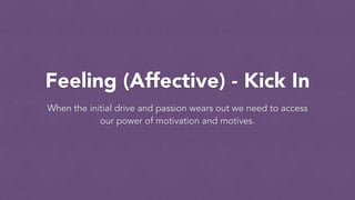 Feeling (Affective) - Kick In
When the initial drive and passion wears out we need to access
our power of motivation and motives.
 