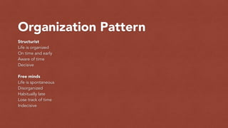 Organization Pattern
Structurist
Life is organized
On time and early
Aware of time
Decisive
!
Free minds
Life is spontaneous
Disorganized
Habitually late
Lose track of time
Indecisive
 