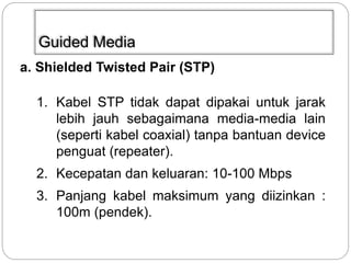 Guided Media 
a. Shielded Twisted Pair (STP) 
1. Kabel STP tidak dapat dipakai untuk jarak 
lebih jauh sebagaimana media-media lain 
(seperti kabel coaxial) tanpa bantuan device 
penguat (repeater). 
2. Kecepatan dan keluaran: 10-100 Mbps 
3. Panjang kabel maksimum yang diizinkan : 
100m (pendek). 
 