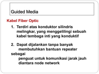 Guided Media 
Kabel Fiber Optic 
1. Terdiri atas konduktor silindris 
melingkar, yang menggelilingi sebuah 
kabel tembaga inti yang konduktif 
2. Dapat dijalankan tanpa banyak 
membutuhkan bantuan repeater 
sebagai 
penguat untuk komunikasi jarak jauh 
diantara node network 
 