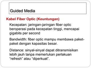 Guided Media 
Kabel Fiber Optic (Keuntungan) 
Kecepatan: jaringan-jaringan fiber optic 
beroperasi pada kecepatan tinggi, mencapai 
gigabits per second 
Bandwidth: fiber optic mampu membawa paket-paket 
dengan kapasitas besar. 
Distance: sinyal-sinyal dapat ditransmisikan 
lebih jauh tanpa memerlukan perlakuan 
“refresh” atau “diperkuat”. 
 