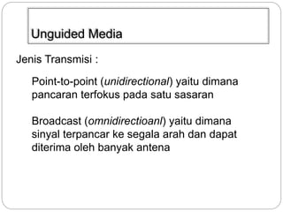 Unguided Media 
Jenis Transmisi : 
Point-to-point (unidirectional) yaitu dimana 
pancaran terfokus pada satu sasaran 
Broadcast (omnidirectioanl) yaitu dimana 
sinyal terpancar ke segala arah dan dapat 
diterima oleh banyak antena 
 