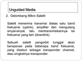 Unguided Media 
2. Gelombang Mikro Satelit 
Satelit menerima transmisi diatas satu band 
frekuensi (uplink), amplifier dan mengulang 
sinyal-sinyal, lalu mentransmisikannya ke 
frekuensi yang lain (downlink). 
Sebuah satelit pengorbit tunggal akan 
beroperasi pada beberapa band frekuensi, 
yang disebut sebagai transponder channel, 
atau singkatnya transponder. 
 