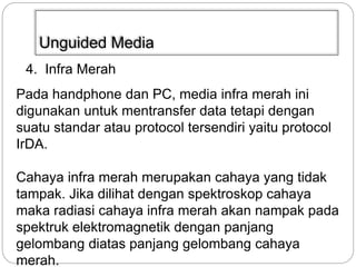Unguided Media 
4. Infra Merah 
Pada handphone dan PC, media infra merah ini 
digunakan untuk mentransfer data tetapi dengan 
suatu standar atau protocol tersendiri yaitu protocol 
IrDA. 
Cahaya infra merah merupakan cahaya yang tidak 
tampak. Jika dilihat dengan spektroskop cahaya 
maka radiasi cahaya infra merah akan nampak pada 
spektruk elektromagnetik dengan panjang 
gelombang diatas panjang gelombang cahaya 
merah. 
 