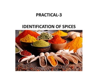 PRACTICAL-3
IDENTIFICATION OF SPICES
 